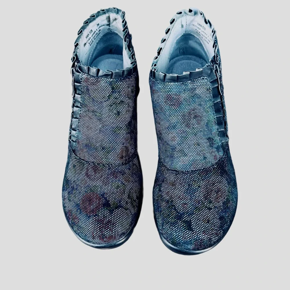 Alegria Hanna HAN-509 Floral Leather Ruffle Zip Ankle Bootie‎ Shoes Womens 36 6